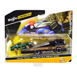 Ramp Truck #80 Dark Gray Metallic with Gold Metallic Stripes 'JDM Garage' and 1980 Datsun 280ZX (S130) #80 Green Metallic with Stripes 'Elite Transport' Series 1/64 Diecast Models by Maisto