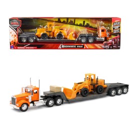 Kenworth W900 Truck with Lowboy Trailer Orange and Wheel Loader Yellow 'Long Haul Trucker' Series 1/32 Diecast Model by New Ray