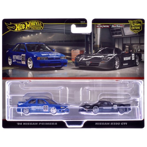 1994 Nissan Primera RHD (Right Hand Drive) #68 Blue and Nissan R390 GT1 #23 Matt Black 'Car Culture' Set of 2 Cars Diecast Model Cars by Hot Wheels