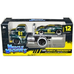 1950 Ford COE Flatbed Truck #61 and 1966 Ford GT40 MK II #61 Green Metallic with Yellow Stripes 'Muscle Transports' Series 1/64 Diecast Model Cars by Muscle Machines
