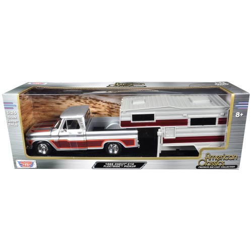 1966 Chevrolet C10 Fleetside Pickup Truck Silver Metallic with Brown Sides with Camper Shell 'American Classics' Series 1/24 Diecast Model Car by Motormax