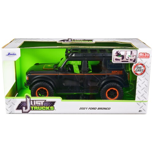 2021 Ford Bronco Matt Black with Orange Stripes and Roof Rack 'Addictive Desert Designs' 'Just Trucks' Series 1/24 Diecast Model Car by Jada