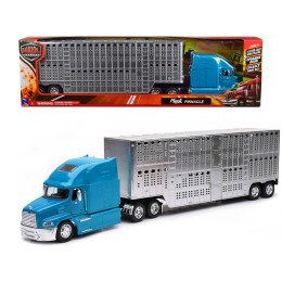 Mack Pinnacle Truck with Pot Belly Livestock Trailer Blue and Chrome 'Long Haul Truckers' Series 1/32 Diecast Model by New Ray