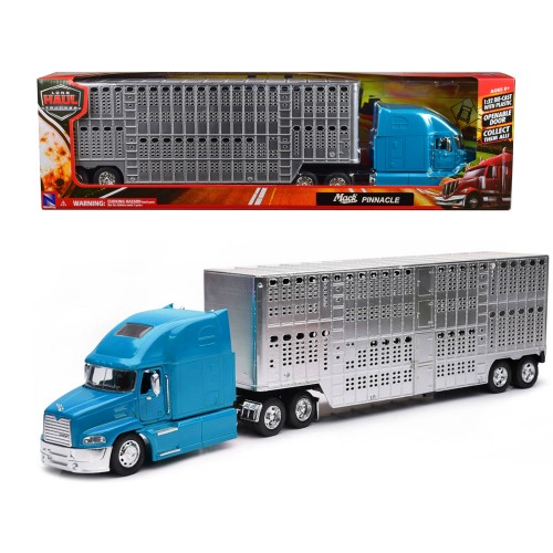 Mack Pinnacle Truck with Pot Belly Livestock Trailer Blue and Chrome 'Long Haul Truckers' Series 1/32 Diecast Model by New Ray