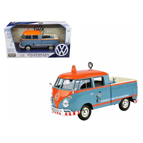 Volkswagen Type 2 (T1) Delivery Service Pickup Truck Blue and Orange 'VW-Kundendienst' 1/24 Diecast Model Car by Motormax
