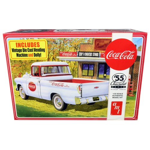 Skill 3 Model Kit 1955 Chevrolet Cameo Pickup Truck 'Coca-Cola' with Vintage Vending Machine and Dolly 1/25 Scale Model by AMT