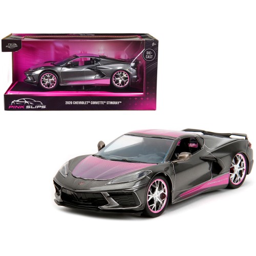 2020 Chevrolet Corvette Stingray Gray Metallic with Pink Carbon Hood and Top 'Pink Slips' Series 1/24 Diecast Model Car by Jada