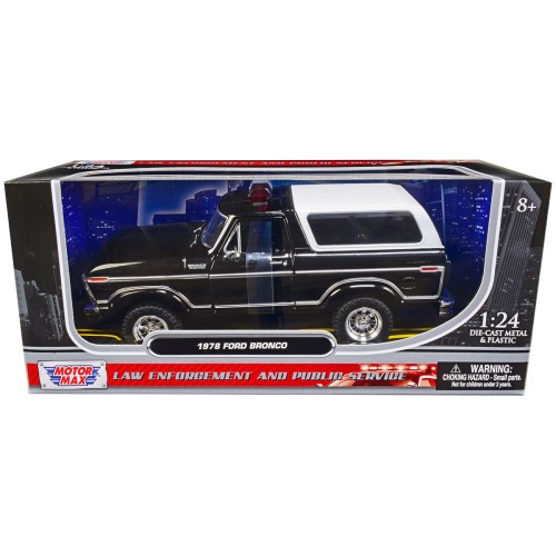 1978 Ford Bronco Police Car Unmarked Black with White Top 'Law Enforcement and Public Service' Series 1/24 Diecast Model Car by Motormax