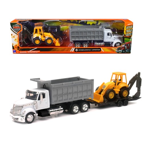 International Lonestar Dump Truck White and Wheel Loader Yellow with Flatbed Trailer 'Long Haul Truckers' Series 1/43 Diecast Model by New Ray