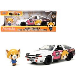 1986 Toyota Trueno (AE86) RHD (Right Hand Drive) #25 White with Graphics and Aggretsuko Diecast Figure 'Aggretsuko' 'Anime Hollywood Rides' Series 1/24 Diecast Model Car by Jada