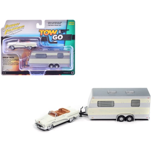 1953 Buick Super Cream with Travel Trailer Limited Edition 'Tow & Go' Series 1/64 Diecast Model Car by Johnny Lightning