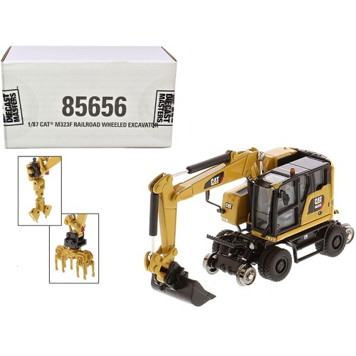 CAT Caterpillar M323F Railroad Wheeled Excavator with 3 Accessories (CAT Yellow Version) 'High Line' Series 1/87 (HO) Scale Diecast Model by Diecast Masters