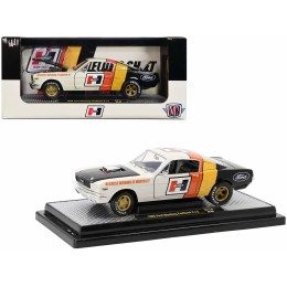 1966 Ford Mustang Fastback 2+2 Off White and Black with Red and Yellow Stripes 'Hurst Shifters' Limited Edition to 6000 pieces Worldwide 1/24 Diecast Model Car by M2 Machines