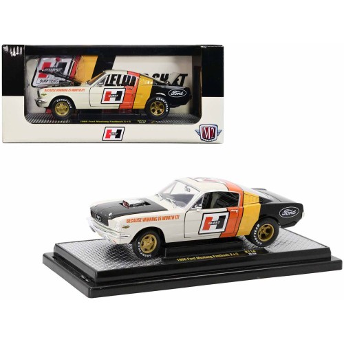 1966 Ford Mustang Fastback 2+2 Off White and Black with Red and Yellow Stripes 'Hurst Shifters' Limited Edition to 6000 pieces Worldwide 1/24 Diecast Model Car by M2 Machines