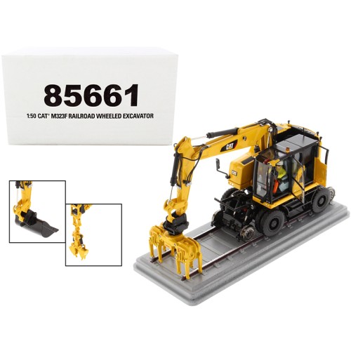 CAT Caterpillar M323F Railroad Wheeled Excavator with Operator and 3 Work Tools Safety Yellow Version 'High Line Series' 1/50 Diecast Model by Diecast Masters