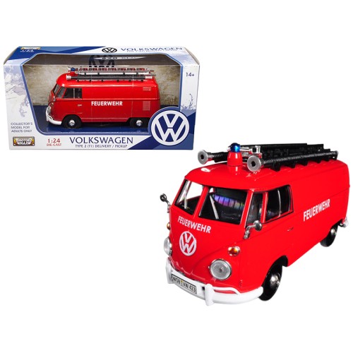 Volkswagen Type 2 (T1) Fire Van 'Feuerwehr' Red 1/24 Diecast Model Car by Motormax