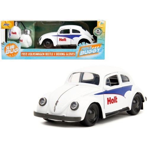 1959 Volkswagen Beetle 'Holt' White with Blue Graphics and Boxing Gloves Accessory 'Punch Buggy' Series 1/32 Diecast Model Car by Jada