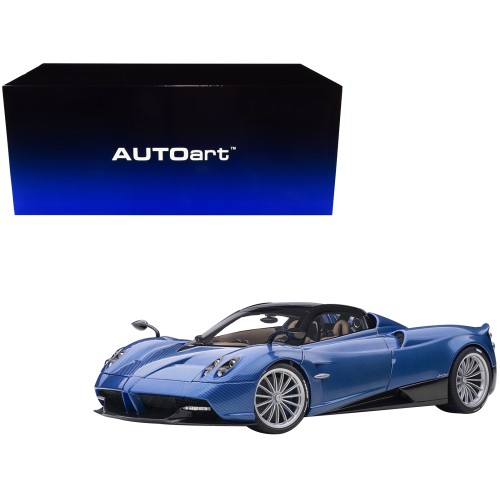 Pagani Huayra Roadster Blue Tricolore Carbon Fiber with Black Top with Luggage Set 1/18 Model Car by Autoart