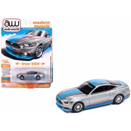 2017 Ford Mustang GT Tribute Edition 'Petty's Garage' Ingot Silver Metallic with Petty Blue and Red Stripes 'Modern Muscle' Series 1/64 Diecast Model Car by Auto World