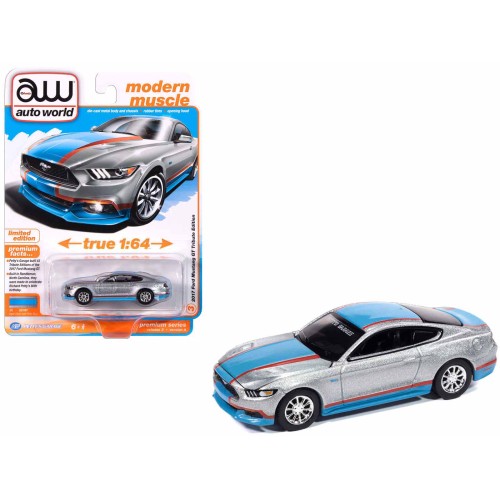 2017 Ford Mustang GT Tribute Edition 'Petty's Garage' Ingot Silver Metallic with Petty Blue and Red Stripes 'Modern Muscle' Series 1/64 Diecast Model Car by Auto World