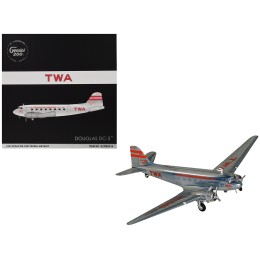 Douglas DC-3 Commercial Aircraft 'TWA (Trans World Airlines)' (NC1943) Polished Metal Finish with Red Tail Stripes 'Gemini 200' Series 1/200 Diecast Model Airplane by GeminiJets