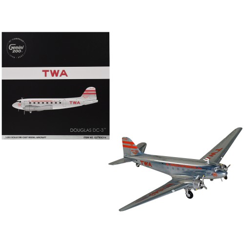 Douglas DC-3 Commercial Aircraft 'TWA (Trans World Airlines)' (NC1943) Polished Metal Finish with Red Tail Stripes 'Gemini 200' Series 1/200 Diecast Model Airplane by GeminiJets