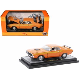 1971 Dodge Challenger R/T 440 Orange with Yellow Stripes and White Interior Limited Edition to 5250 pieces Worldwide 1/24 Diecast Model Car by M2 Machines