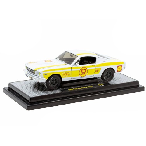 1966 Ford Mustang 2+2 GT #57 'Shell Oil' White with Yellow Stripes Limited Edition to 5650 pieces Worldwide 1/24 Diecast Model Car by M2 Machines
