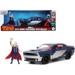 2015 Dodge Challenger SRT Hellcat Dark Blue with Graphics and Red Interior and Thor Diecast Figure 'The Mighty Thor' 'Marvel' Series 1/24 Diecast Model Car by Jada