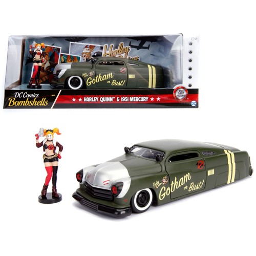 1951 Mercury Matt Green with Harley Quinn Diecast Figurine 'DC Comics Bombshells' Series 1/24 Diecast Model Car by Jada