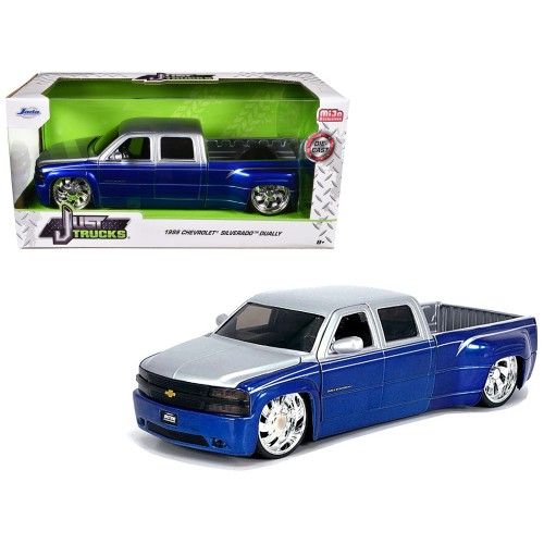 1999 Chevrolet Silverado Dually Pickup Truck Blue Metallic and Silver with Custom KMC Wheels 'Just Trucks' Series 1/24 Diecast Model Car by Jada