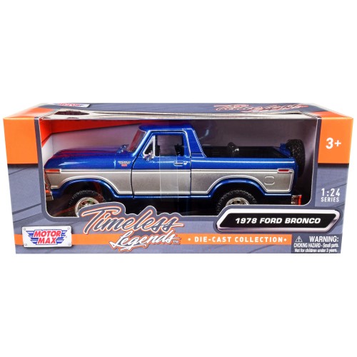 1978 Ford Bronco Ranger XLT (Open Top) with Spare Tire Blue Metallic and Silver 'Timeless Legends' Series 1/24 Diecast Model Car by Motormax
