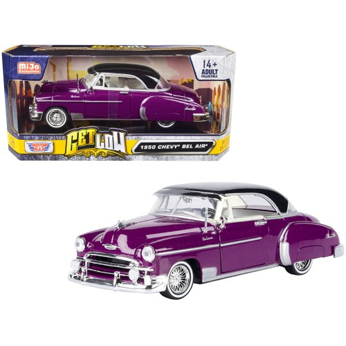1950 Chevrolet Bel Air Lowrider Purple Metallic with Black Top and White Interior 'Get Low' Series 1/24 Diecast Model Car by Motormax
