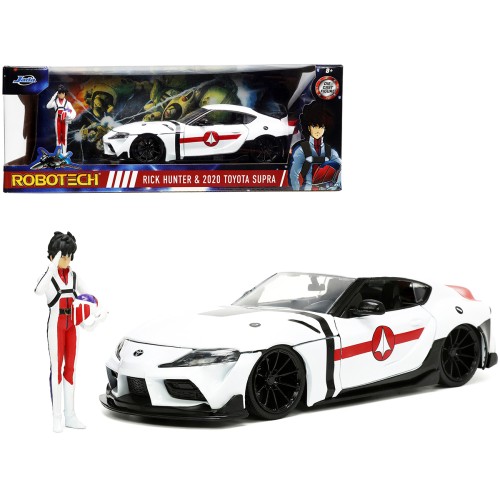 2020 Toyota Supra White and Rick Hunter Diecast Figurine 'Robotech' 'Hollywood Rides' Series 1/24 Diecast Model Car by Jada