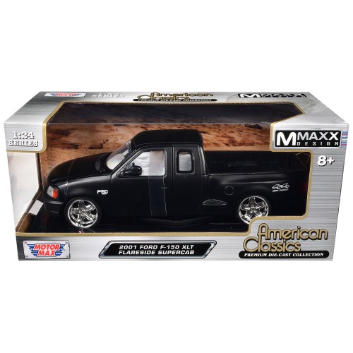 2001 Ford F-150 XLT Flareside Supercab Pickup Truck Matt Black with White Interior 'Maxx Design' 'American Classics' Series 1/24 Diecast Model Car by Motormax