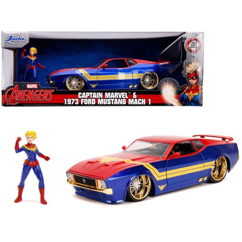 1973 Ford Mustang Mach 1 with Captain Marvel Diecast Figurine 'Avengers' 'Marvel' Series 1/24 Diecast Model Car by Jada