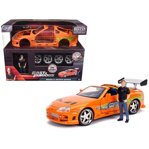 Model Kit Toyota Supra Metallic Orange with Brian Diecast Figure 'Fast & Furious' Movie 'Build N' Collect' 1/24 Diecast Model Car by Jada