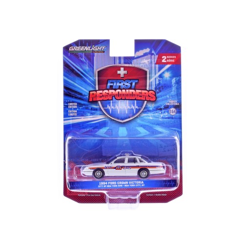 1994 Ford Crown Victoria 'NYC EMS (City of New York Emergency Medical Service)' White with Blue and Red Stripes 'First Responders' Series 2 1/64 Diecast Model Car by Greenlight