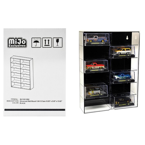 Showcase 12 Car Display Case Wall Mount with Black Back Panel and Extra Space 'Mijo Exclusives' for 1/64 Scale Models