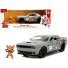 2015 Dodge Challenger Hellcat Gray with 'Tom' Graphics and Jerry Diecast Figure 'Tom and Jerry' 'Hollywood Rides' Series 1/24 Diecast Model Car by Jada