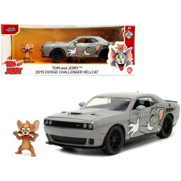 2015 Dodge Challenger Hellcat Gray with 'Tom' Graphics and Jerry Diecast Figure 'Tom and Jerry' 'Hollywood Rides' Series 1/24 Diecast Model Car by Jada