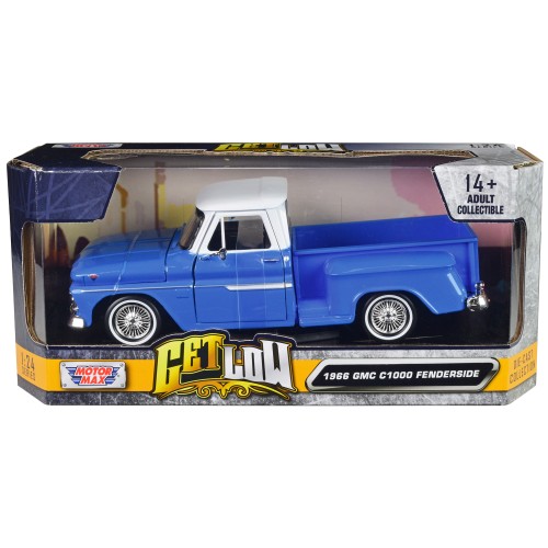 1966 GMC C1000 Fenderside Pickup Truck Lowrider Blue with White Top 'Get Low' Series 1/24 Diecast Model Car by Motormax