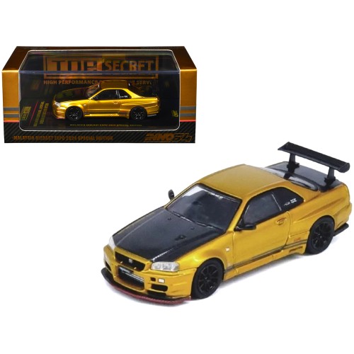 Nissan Skyline GT-R (R34) 'Top Secret' RHD (Right Hand Drive) Gold Metallic with Carbon Hood and Trunk 'Tokyo Auto Salon 2024 - Malaysia Diecast Expo 2024' 1/64 Diecast Model Car by Inno Models
