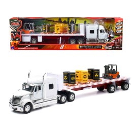 International Lonestar Flatbed Truck White with 6 Toxic Barrels 3 Pallets and Forklift 'Long Haul Trucker' Series 1/32 Diecast Model by New Ray