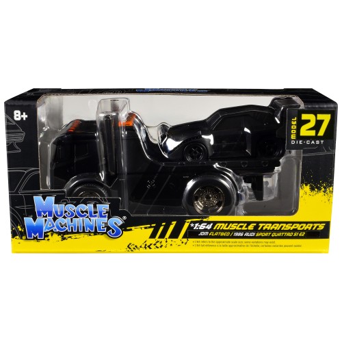 JDM Flatbed Truck Matt Black and 1986 Audi Sport Quattro S1 E2 Matt Black 'Muscle Transports' Series 1/64 Diecast Models by Muscle Machines