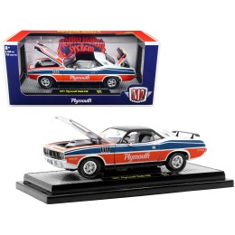 1971 Plymouth Barracuda 440 Pearl White with Blue and Red Stripes and Black Top Limited Edition to 6550 pieces Worldwide 1/24 Diecast Model Car by M2 Machines