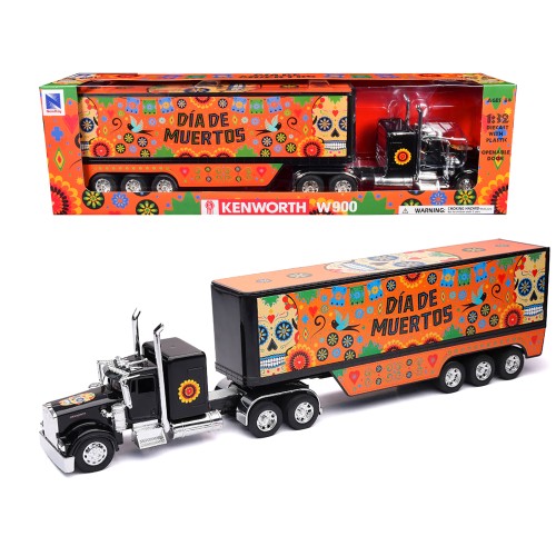 Kenworth W900 Truck Black with Graphics and Dry Van Trailer 'Dia De Muertos' 1/32 Diecast Model by New Ray