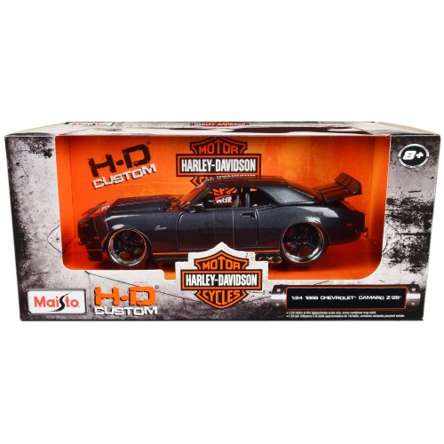1968 Chevrolet Camaro Z/28 Dark Gray Metallic with Black and Orange Stripes 'Harley Davidson' 'H-D Custom' 1/24 Diecast Model Car by Maisto