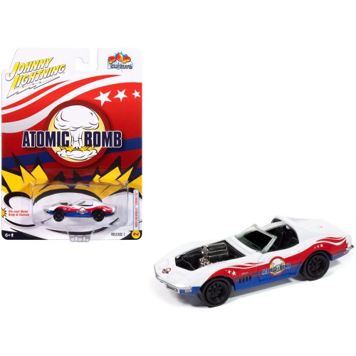 1969 Chevrolet Corvette 'Atomic Bomb' White with Red and Blue Graphics 'Stuntman Mike's Ride Along Racing' 'Pop Culture' 2025 Release 1 1/64 Diecast Model Car by Johnny Lightning