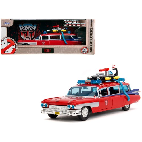 1959 Cadillac Ambulance Ecto-1 Red 'Transformers' TV Series - 'Ghostbusters' (1984) Movie Crossover 'Hollywood Rides' Series 1/24 Diecast Model Car by Jada